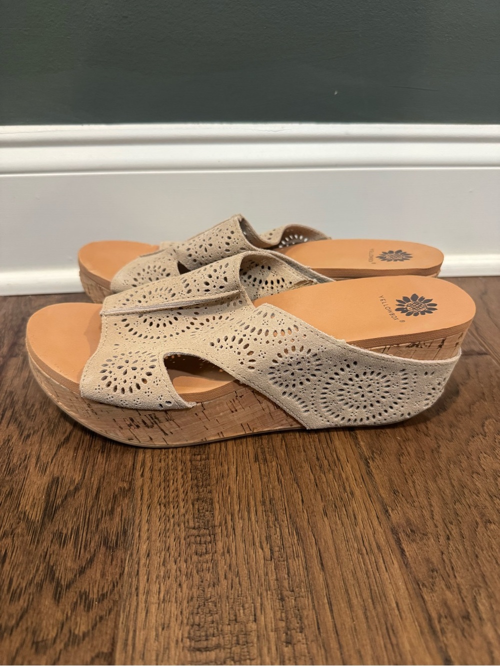 Yellow Box Beige Laser-Cut Suede Cork Wedge Slides
